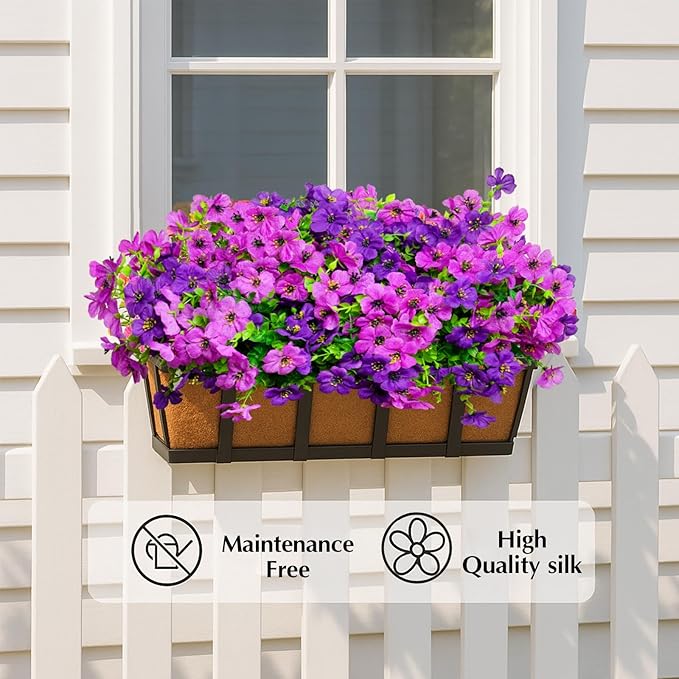 Artificial Flowers for Outdoors, 12 Bundles Outdoor Faux Plants,Uv Resistant Artificial Fake Flowers Plants, Realistic Spring Decor for Porch, Patio, Yard (DoublePurple)