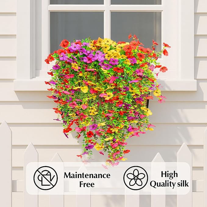 8PCS Artificial Hanging Flowers for Outdoors,Hanging Outdoor Faux Plants,UV Resistant Fake Flowers for Outdoor Planters,Realistic Fake Plants Spring Decor for Porch,Patio,Yard (RedYellowPurple)