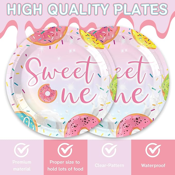Sweet One 40Pcs Donut Party Supplies for 20 Guests - Paper Plates & Napkins for Girls' Birthday or Baby Shower Decorations