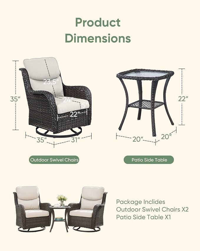 HUMMUH Wicker Patio Furniture High Back Swivel Rocker Patio Chairs Outdoor Bistro Set with Ottomans Side Table for Porch Garden Deck