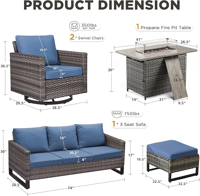Patio Furniture Set with Fire Pit Table-6 Pieces All Weather Outdoor Swivel Chairs Set of 2 with Patio Sofa and Ottomans, Patio Conversation Sets for Porch Deck Garden Backyard(Grey/Blue)
