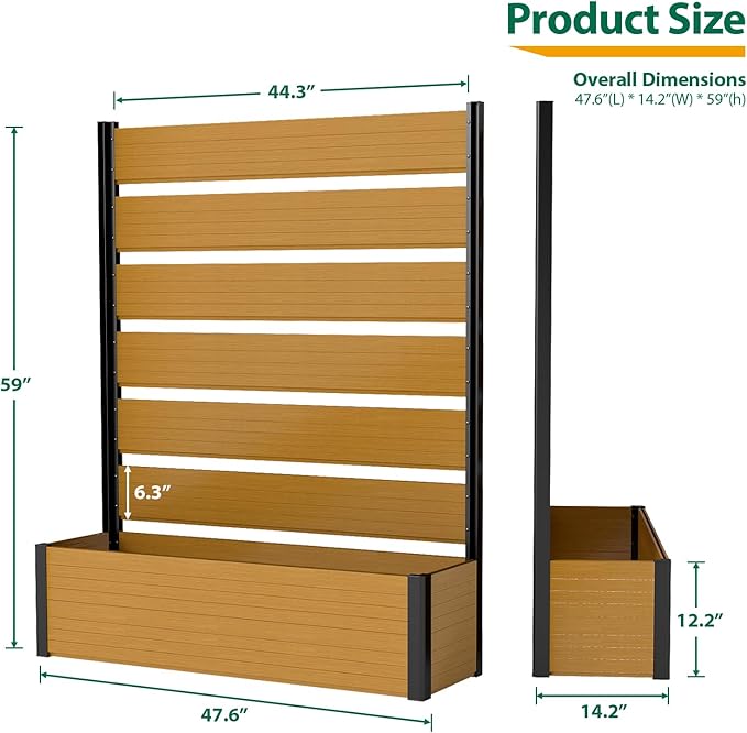 Vertical Screen Planter Bed - Raised Garden Box with Trellis for Climbing Plants, Durable Privacy Fence Planter for Outdoor, Patio, Deck Aluminum Frame, Yellow Teak with Base