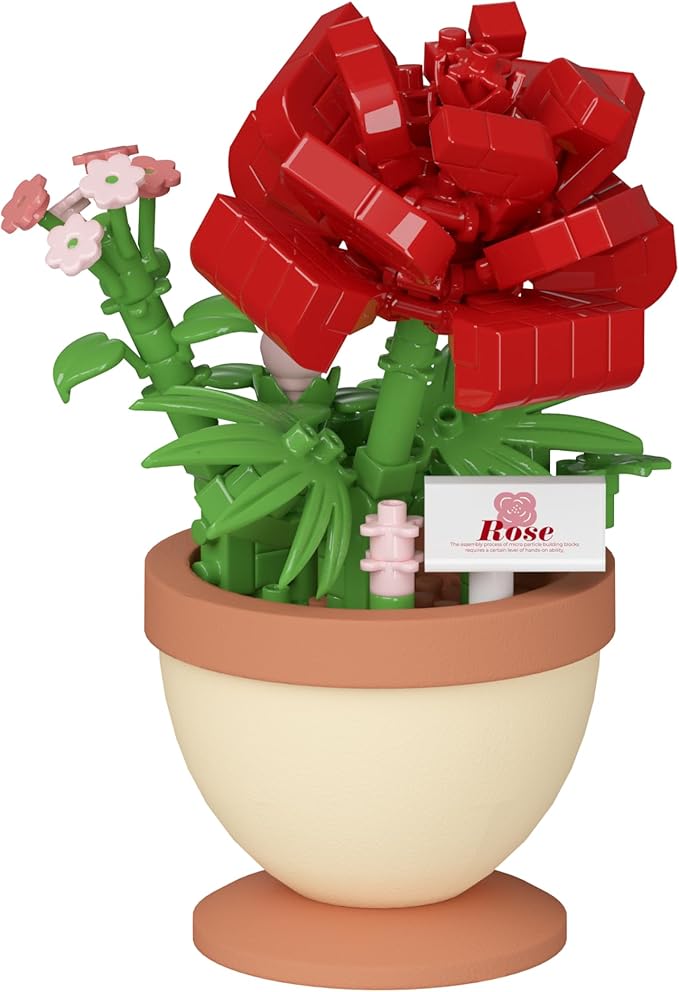 Rose Mini Flower Bonsai Building Toy Potted Plant Blocks Artificial Particle Flower Botanical