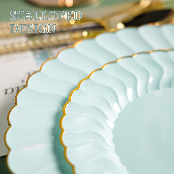 Lullaby 60PCS Sage Green Plastic Plates with Gold Rim, Includes 30PCS Dinner Plate 10.25'' and 30 PCS Dessert Plate 7.5'', Green Disposable Plates for Party, Birthdays, Wedding and Daily Use