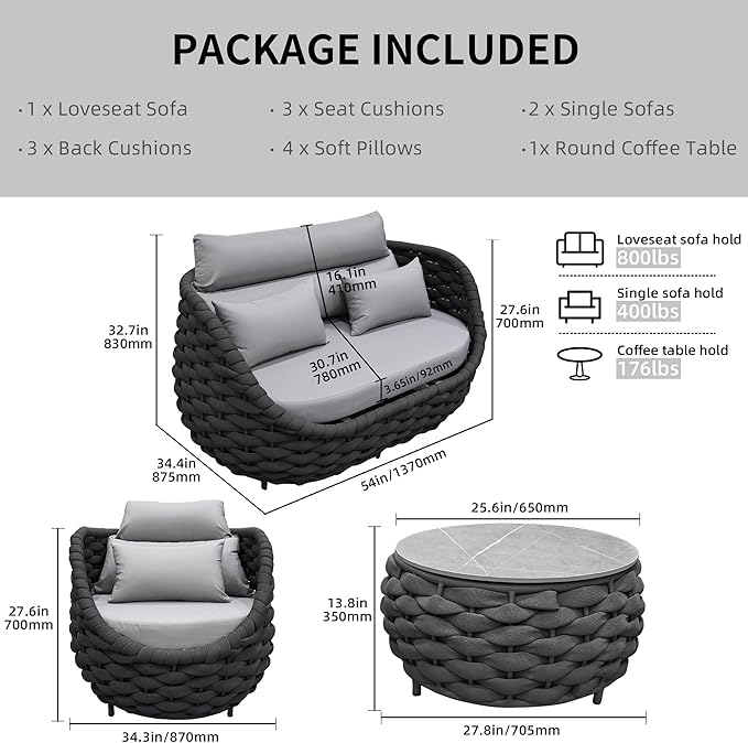 TWT Patio Furniture Sofa Set 4 Pieces Aluminum Outdoor Furniture w/27.8in Coffee Table,Patio Conversation Set with Dark Grey Textilene Rope Grey Cushions for Sunroom Backyard Poolside Indoor