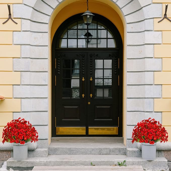 15 Bundles Artificial Flowers UV Resistant Outdoor Plants No Fade Faux Plastic Shrubs Fake Silk Flowers Window Box Garden Porch Home Decoration(Red)