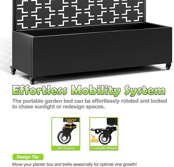 15.7"×70.9"×47.2" Metal Raised Garden Bed with Trellis and Wheels - Tall Trellis Planter Box for Climbing Plants, Vegetables & Vines - Outdoor Privacy Planters for Patio (Black-Square)