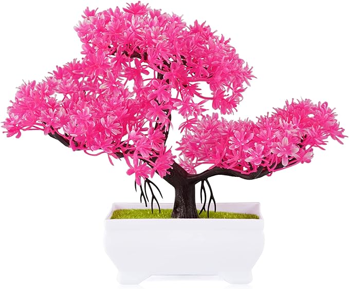 Mini Artificial Bonsai Tree Plants with Plastic Cement Pots for Home Office Décor (Rose Red)