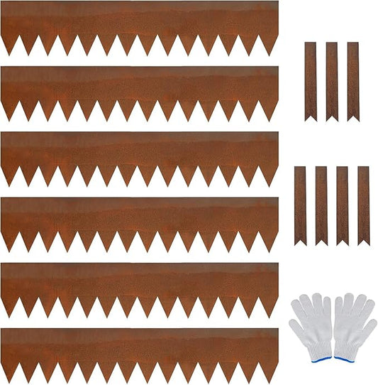 Worth Garden 6 Pack Cor-Ten Steel Landscape Edging w/Rust Patina Finish - 40" L x 8" H Strips - Hammer-in 14-Gauge Metal Corten Edging Border w/ 7 Clips & Gloves - Edge for Lawn Yard (20Ft Total)