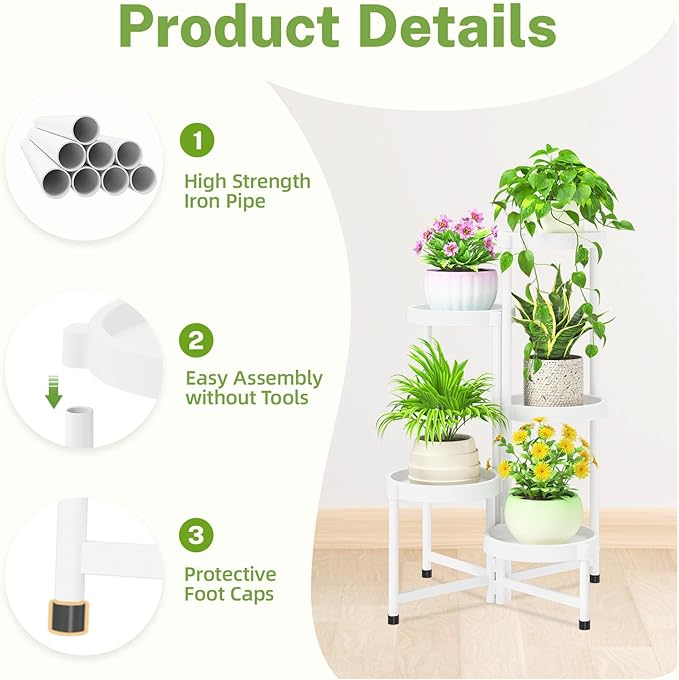 iDavosic.ly 5 Tier Folding Plant Stand Indoor Outdoor with Plastic Tray, Tiered Corner Flower Holder Shelf, Metal Orchid Display Rack for Patio Porch Living Room Garden Balcony, White