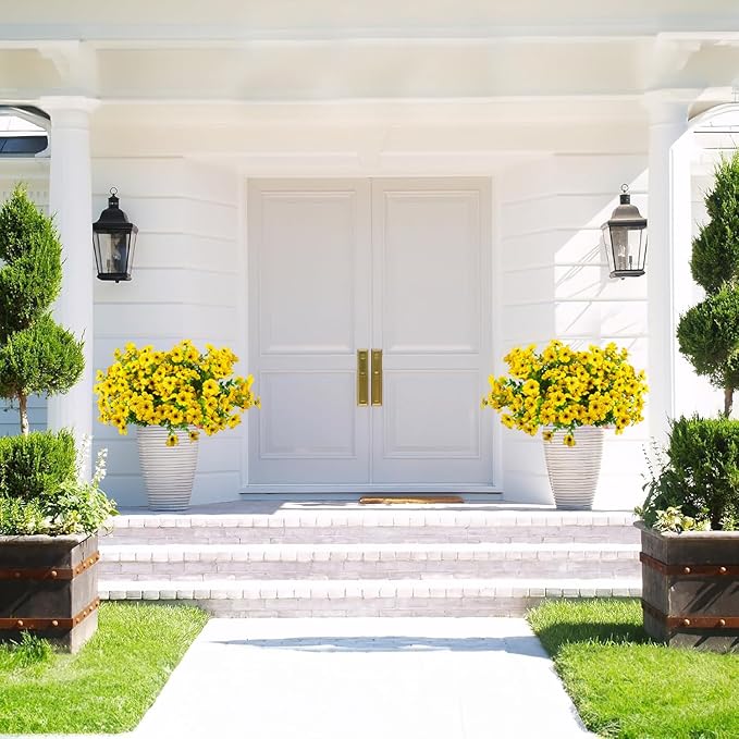 Artificial Fake Flowers for Outdoor Spring Decoration, 16 Bundles Faux Silk Colorful Daisy UV Resistant Realistic for Outside Porch Patio Home Yard Garden Planters Pots Window Box (Yellow)