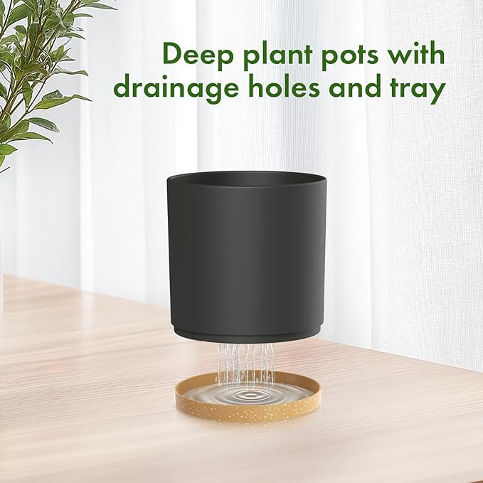 10/8/6 inch Large Deep Plant Pots for Outdoor Indoor Plants, 3 Pack Tall Cylinder Flower Pots with Drainage Holes and Saucers, Big Plastic Planter Pots for Garden House Porch, Black with Brown