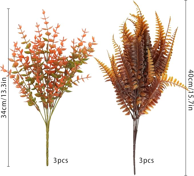 Uieke 6PCS Artificial Fall Flowers Outdoor UV Resistant, 3PCS Fall Fake Plants with 3PCS Autumn Boston Fern Plants Bushes for Outside Garden Front Porch Sidewalk Window Box Fall Décor Orange