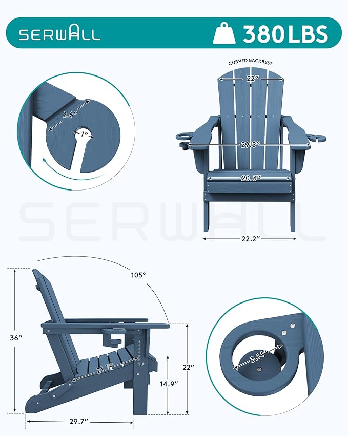 SERWALL Folding Adirondack Chair, Dual Cup Holders & All-Weather HDPE, Wood-Like Patio Chair for Backyard, Camping，Pool & Fire Pit- Navy