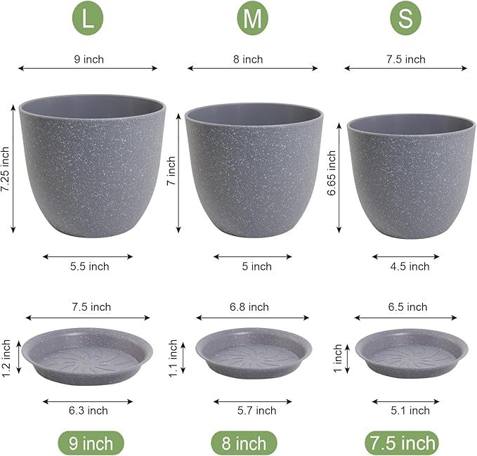 Modern Plant Pots Set, 9/8/7.5 inch Plastic Planters for Indoor Plants, Stylish Flower Pots with Drainage Holes and Saucers for House Plants and Flowers, Grey Speckles