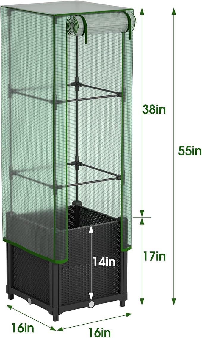 Onelike 16'' x 16'' x 55.5'' Plastic Raised Garden Bed with Greenhouse Cover and Trellis, Vertical Tomato Planters for Climbing Plants, Self Watering System Tomatoes Cage for Patio,Black,Small