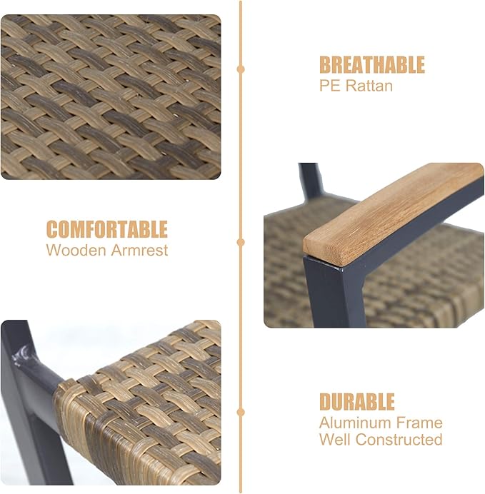 TRY & DO Patio Dining Chairs Set of 4,Outdoor Wicker Stackable Dining Chairs with Wooden Armrest PE Rattan Aluminum Frame Patio Furniture Sets for Garden, Balcony, Lawn and Indoors (Brown)