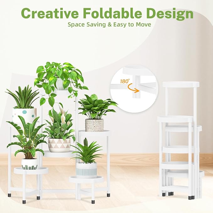 iDavosic.ly 6 Tier Folding Plant Stand Indoor Outdoor with Plastic Tray, Tiered Corner Flower Holder Shelf, Metal Orchid Display Rack for Patio Porch Living Room Garden Balcony, White