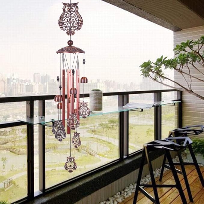 Owl Wind Chimes Outdoor Indoor Decor -with 4 Aluminum Tubes 6 Bells 7 Owls 37Inch Waterproof Mobile Romantic Wind Catcher Owl Windchimes for Home, Xmas Mom Gifts, Balcony, Festival, Garden Decoration