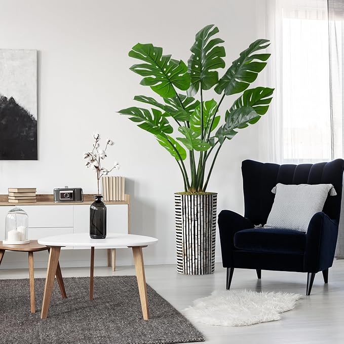 Artificial Tree in Black and Brown Striped Planter, Fake Monstera Silk Tree for Indoor and Outdoor Home Decoration - 65" Overall Tall (Plant Pot Plus Tree)