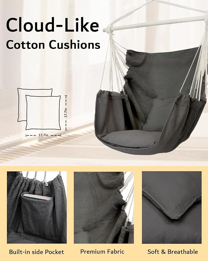 ADVOKAIR Hammock Chair Hanging Chair Swing Large Indoor with Anti-Slip Steel Spread Bar and Pocket-Max 500lbs-2 Cushions, Perfect for Bedroom,Outdoor,Patio, Porch,Backyard…