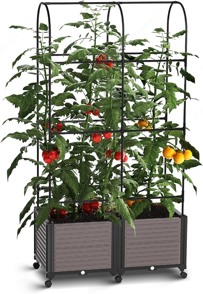 Raised Garden Bed Planter Box with Trellis, 72.8'' Tomato Planters for Climbing Plants Vegetable Vine Flowers Outdoor Patio Tomato Cage, Self Watering Planter with Wheels