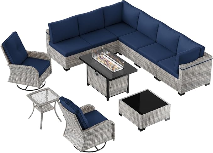 11-Piece Patio Furniture Set, Outdoor Patio Furniture with Fire Pit Table, Swivel Chairs Set, Thick Cushions, Modular Patio Sofa, Dual-Strand Wicker Rattan, Rust-Resistant Frame, Navy Blue