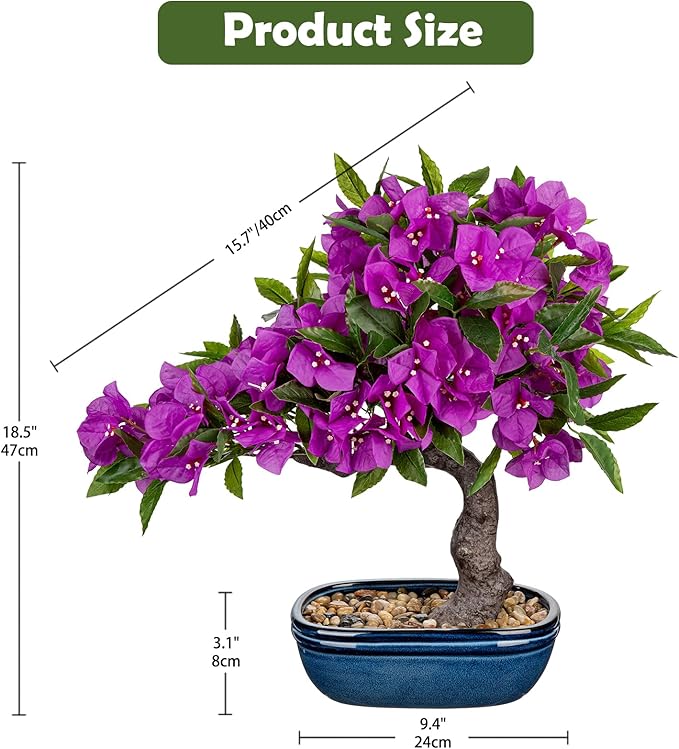 Briful Artificial Bougainvillea Bonsai Tree 18.5" Silk Bougainvillea Plant with Blue Pot Fake Bougainvillea Floral Tree for Home Office Room Desk Shelf Zen Décor(Purple)