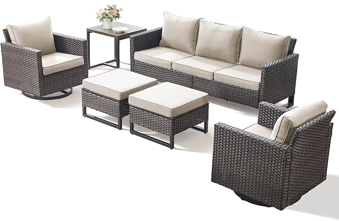 6 Pieces Patio Furniture Set-All Weather Outdoor Swivel Rocker Patio Chairs with Deep Seat Sofa Ottomans and Glass Side Table, Outdoor Conversation Sets for Garden Backyard Deck(Brown/Beige)