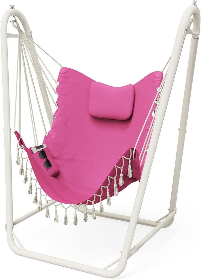 Hammock Chair with Stand,Heavy-Duty Hanging Chair with Stand, for Indoor Outdoor,Sturdy Swing Chair Stand Max Load 350 pounds(Hammock Chair Included) (Pale Pink)