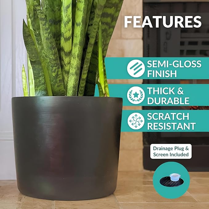 Willowy 12 Inch Large Plant Pot (Black) - Slightly Tapered Ceramic Indoor Planter Pot, Large Black Modern Planter, 12 Inch Pots for Plants, Outdoor Flower/Tree Pot