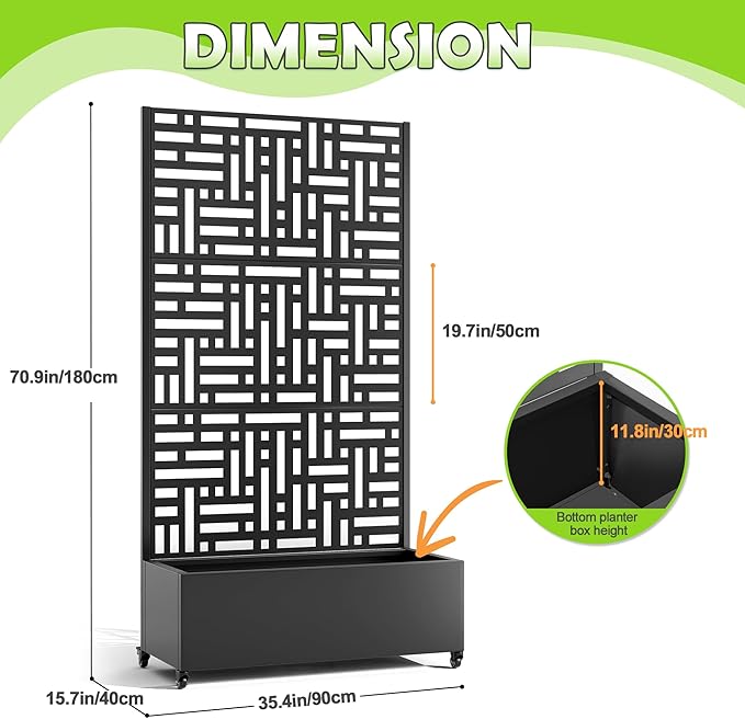 15.7"×70.9"×35.4" Metal Raised Garden Bed with Trellis and Wheels - Tall Trellis Planter Box for Climbing Plants, Vegetables & Vines - Outdoor Privacy Planters for Patio (Black-Helen)