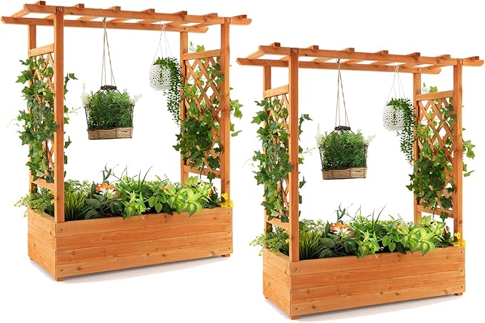 S AFSTAR Raised Garden Bed with Arch Trellis, Wood Planter Box with Hanging Roof, Side Trellis, 4 Drainage Holes, Above Ground Elevated Garden Bed for Outdoor Climbing Plants Vines Patio