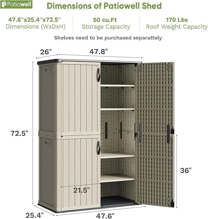 Patiowell 50 cu.ft Plastic Outdoor Storage Shed, Lockable Waterproof Resin Storage Cabinet Vertical Storage Shed for Garden Tools, Garbage Cans, Pool Supplies, Beige(Not Include Shelves)