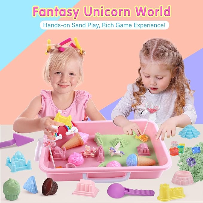 Unicorn Sensory Sand Bin Kit for Girls, Magic Art Unicorn Castle Ice Cream Molds, 2.2lbs Colorful Play Sand, Tools Sandbox with Lid – Great Christmas Birthday Magic Sand Gift for Toddlers 3 4 5 6 7 8