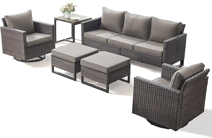 6 Pieces Patio Furniture Set-All Weather Outdoor Swivel Rocker Patio Chairs with Deep Seat Sofa Ottomans and Glass Side Table, Outdoor Conversation Sets for Garden Backyard Deck(Brown/Grey)