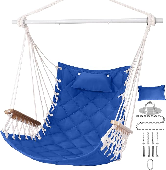 Hammock Chair Hanging Swing with Wooden Armrests;Steel Spreader Bar,Pillows,Hardware kit Included;Cotton Woven ;Up to 350 Lbs,for Indoor Outdoor Blue