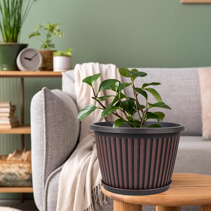 Planter-Pots-for-Plants-Indoor-Outdoor, 3 Pack 10 Inch Plastic Flower Pots with Saucer & Drainage Holes, Modern Garden Planters for Planting Medium Large Plants，Decorative Resin Garden Pots