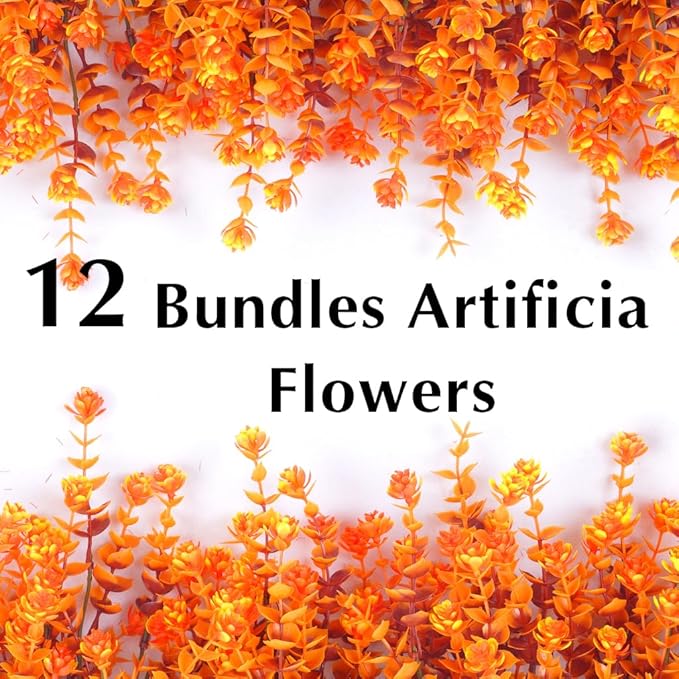 Artificial Mums for Outdoors, 12 Bundles Faux Mums for Fall Planters,Uv Resistant Eucalyptus Artificial Fake Flowers Plants, Realistic Fall Decor for Porch, Patio, Yard (Fall Stems)
