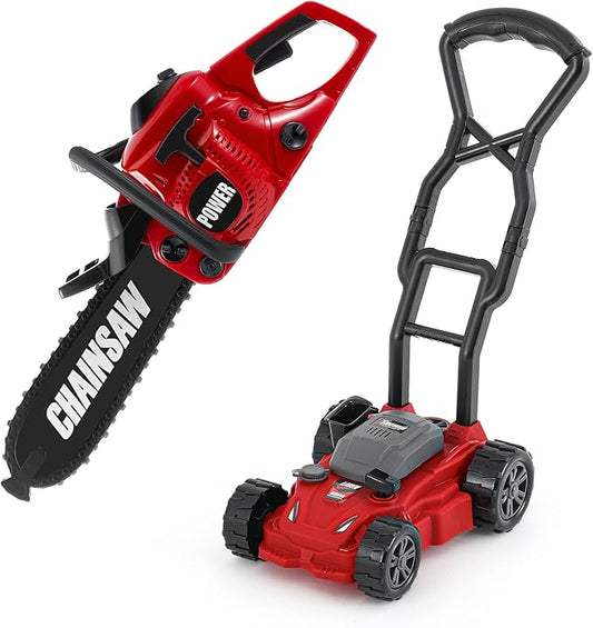 2 Pcs Toy Gardening Tool Set for Kids Toy Chainsaw, Push Lawn Mower Battery Powered Gardening Tool Set with Lights and Sounds Gift for Boys Girls