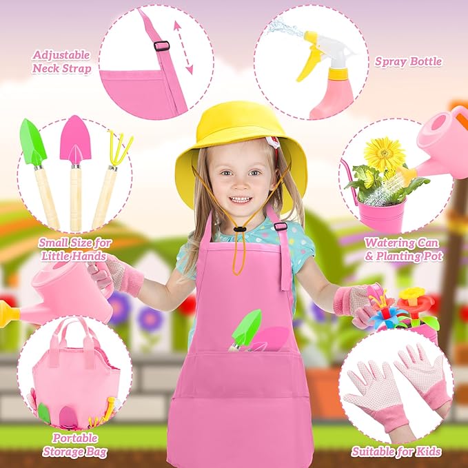 deAO Kids Gardening Set Arts and Crafts for Kids Paint Garden Tools DIY Flower Building Toys with Shovel, Trowel, Rake, Water Can,Gloves,Tote Bag,Apron,Painting Accessories,Outdoor Gift for Boys Girls