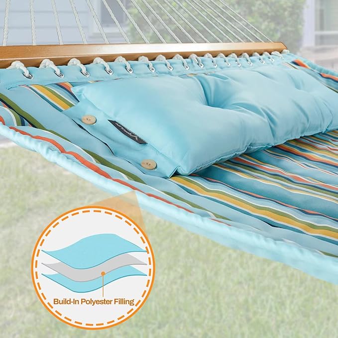 12 FT Double Quilted Fabric Hammock with Spreader Bars and Pillow 450 LBS Weight Capacity 2 Person Hammock for Outdoor Patio Backyard Poolside Blue Stripes