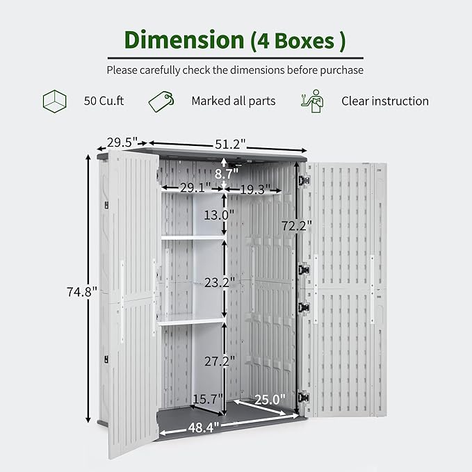 Macrout 50 Cu.Ft Plastic Outdoor Storage Cabinet with Shelves, 4.3 x 2.5 ft Waterproof Resin Outdoor Storage Shed with Floor, Lockable Vertical Shed for Garden and Patio