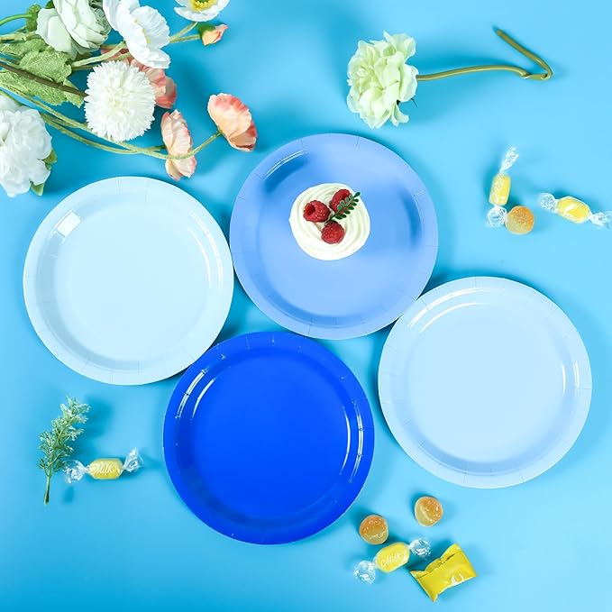Blue Gradient Blue Party Plates 7'Disposable Round Dessert Plates for Birthday Wedding Bridal Engagement Baby Shower Party Supplies 48