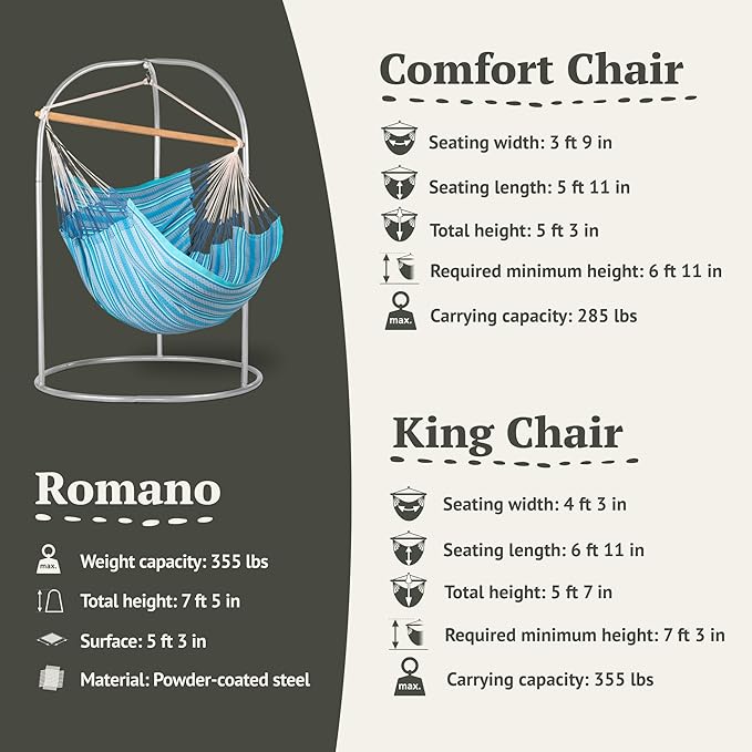 LA SIESTA - Large Comfort Habana Cotton Hammock & Romano Steel Stand - Indoor Outdoor Hanging Chair Swing for Bedroom Porch Balcony - Boho Hanging Chair - Azure