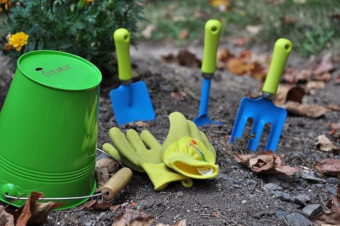 JustForKids 2 Pack Garden Tool Set – Green & Blue Metal Pails with Mini Shovel, Rake & Cultivator, Wooden Handles – Outdoor Gardening Tools for Kids