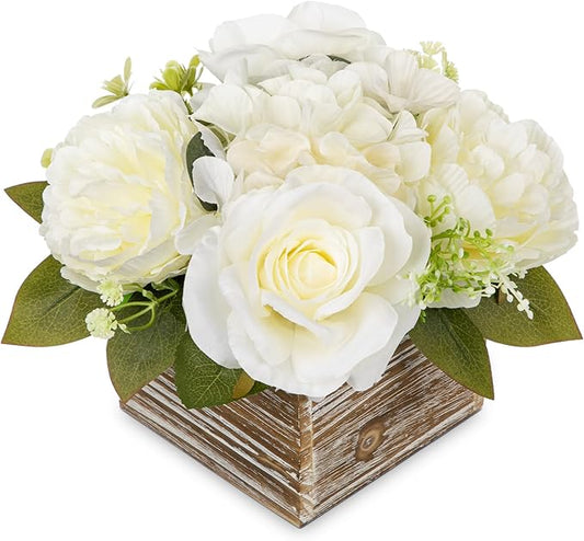 Flower Arrangement with Wooden Vase 8" Artificial Flowers in Pot - Fake Flowers Roses Peonies Hydrangeas in Wooden Vase Potted Artificial Flower Centerpieces for Table Decor Living Room - White