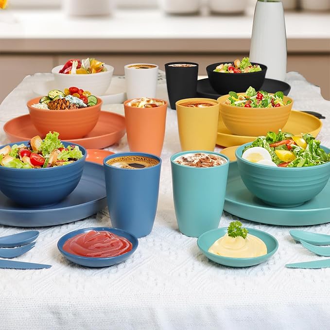 Wrova wheat straw bowls,plates,cups and cutlery sets 28 pcs - Dishwasher safe dish sets for kitchen, camping, indoors and outdoors.Green