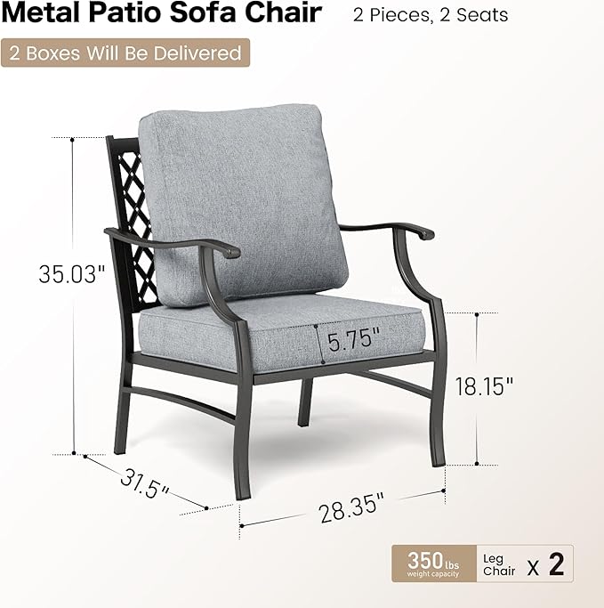 Metal Patio Chairs Set of 2 with 5.75" Extra Thick Cushion, 2 Pieces High Back Outdoor Patio Chairs All Weather Outdoor Furniture Seating for Deck Backyard Balcony Front Porch, Gray