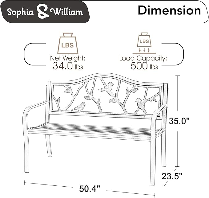 Sophia & William Outdoor Patio Metal Park Bench Red, Steel Frame Bench with Backrest and Armrests for Porch, Patio, Garden, Lawn, Balcony, Backyard and Indoor, 50.4”Wx23.5”D x35.0”H